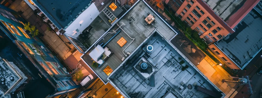 a dramatic aerial view of various roofing materials atop vibrant commercial buildings in raleigh, showcasing energy-efficient options and contrasting textures under a moody stormy sky.