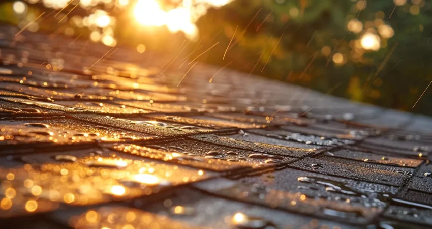 a dramatic close-up of a gleaming, freshly repaired roof glistening under the warm afternoon sun, showcasing the seamless craftsmanship and durability of quality roof leak repair in the heart of raleigh.