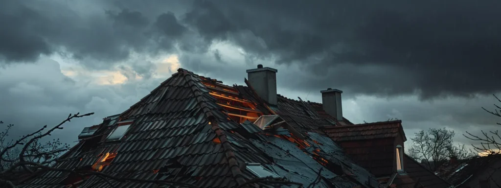 a dramatic image of a storm-damaged roof with visible leaks and debris, illuminated by a moody, overcast sky, highlighting the urgency of emergency repairs and the complexities of managing repair costs.