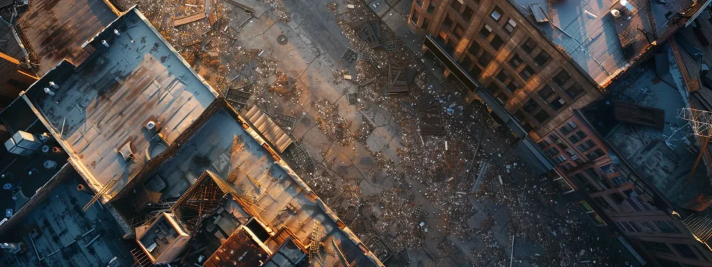 a dramatic overhead view of a commercial building with a partially damaged roof, illuminated by golden hour sunlight, highlighting the contrast between the weathered materials and the crisp, clear sky, symbolizing the importance of understanding insurance for roof repair.