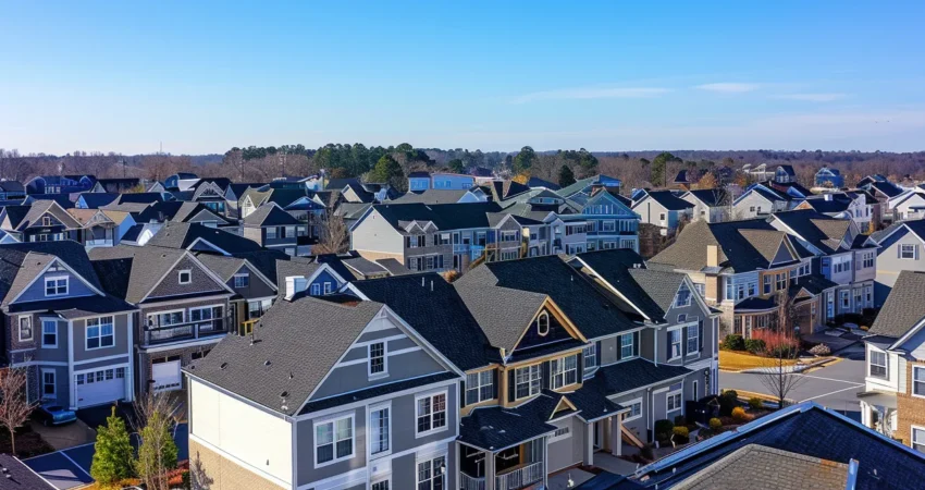 a dramatic overhead view of a bustling raleigh neighborhood, showcasing contrasting roofs under a clear blue sky, highlighting the common pitfalls and corrections in roofing craftsmanship.