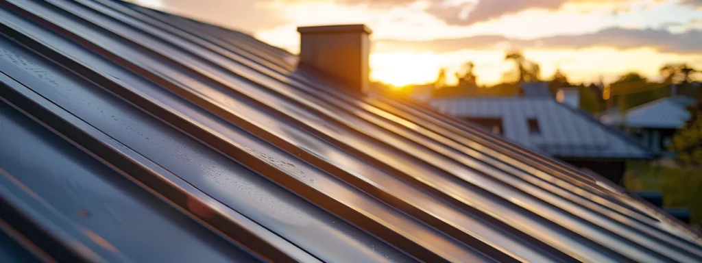 a dramatic rooftop scene showcases a sleek, modern metal roof glistening under the warm sunlight, contrasting sharply with the traditional shingle roofs in the background, emphasizing durability and energy efficiency.