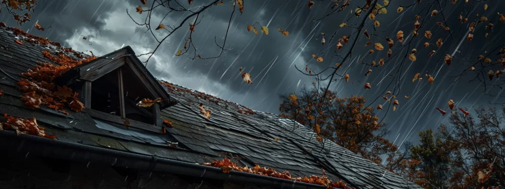 a dramatic scene of a weathered roof under dark, stormy skies, showcasing the urgency of emergency repairs amidst swirling leaves and cascading rain.