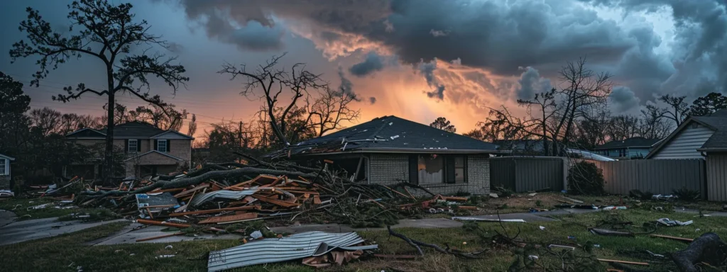 a dramatic scene of a storm-damaged rooftop under a moody, overcast sky, highlighting the urgency of emergency roof repairs with debris scattered across the lawn, evoking a sense of immediate action required for homeowners.