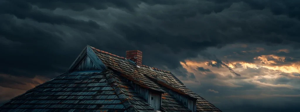 a dramatic scene of a weathered roof against a stormy skyline, symbolizing the looming consequences of neglecting roofing permits, highlighted by contrasting lighting that emphasizes both the beauty and potential peril of unregulated construction.