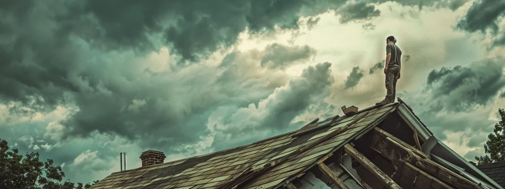 a dramatic scene of a weathered roofing contractor facing a daunting, crumbling rooftop against a stormy sky, symbolizing the heavy burden of non-compliance with local regulations and the looming threat of penalties.