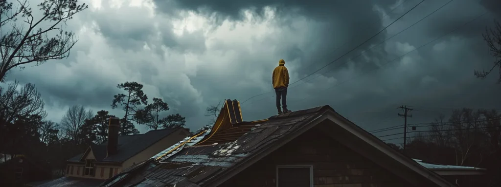 a dramatic scene of a seasoned contractor surveying a storm-damaged roof in raleigh under a moody, overcast sky, emphasizing the importance of reliable emergency repair services.