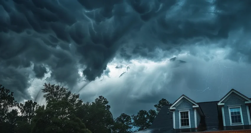 a dramatic shot of a storm-damaged residential roof in raleigh, with dark ominous clouds looming overhead and water streaming down, highlighting the urgent need for emergency repairs.