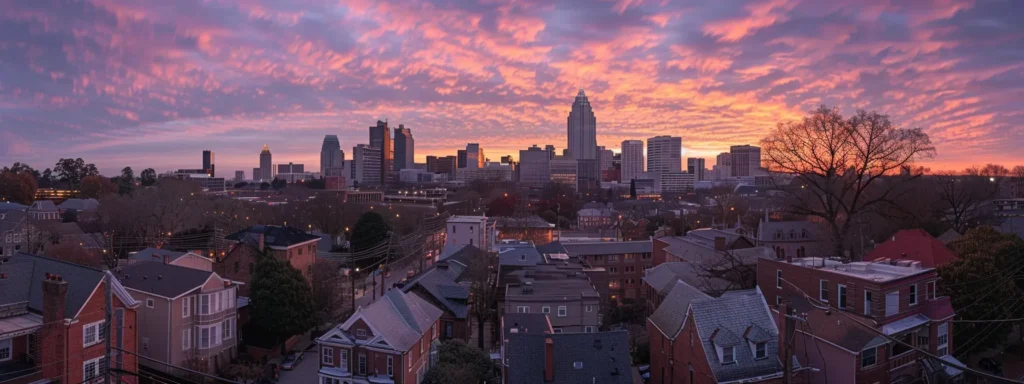 a dramatic skyline of raleigh at sunset showcases a diverse array of rooftops, emphasizing the contrast between well-constructed homes and a crumbling structure, symbolizing the critical impact of adhering to local building codes and regulations.