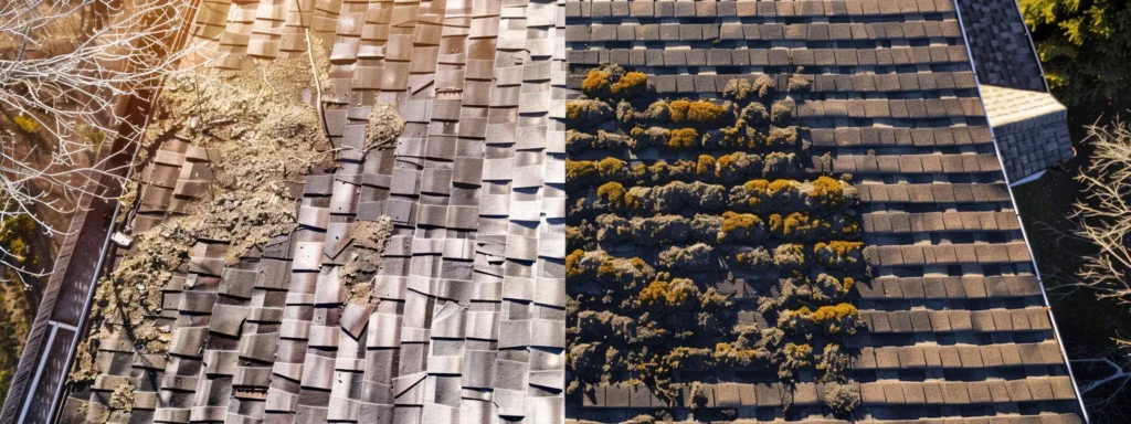 a dramatic split scene showcases half a worn, neglected roof undergoing a diy repair with a determined homeowner and the other half freshly restored by a professional roofing team, highlighted by contrasting sunlight and shadows to emphasize the risks and rewards of each approach.