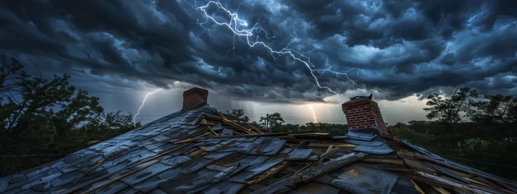 a dramatic view of a storm-damaged roof in raleigh, showcasing scattered debris and visible wear under ominous dark clouds, illuminated by streaks of lightning to highlight the urgent need for emergency repairs.