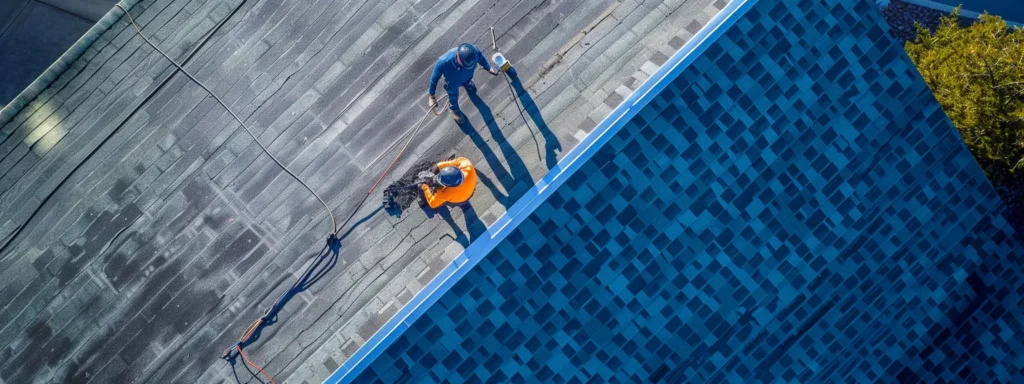 a dynamic aerial view of a roofing crew diligently working on a steep commercial rooftop in raleigh, showcasing their vibrant personal protective equipment against a clear blue sky, symbolizing commitment to safety and professionalism in the industry.