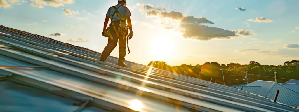 a dynamic rooftop scene in raleigh showcases a skilled contractor meticulously installing a gleaming metal roof under the warm afternoon sun, emphasizing professionalism and quality craftsmanship.