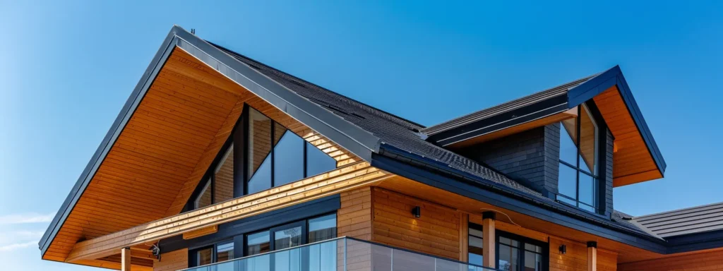 a focused architectural shot of a modern roofing contractor's office in raleigh, showcasing a detailed display of roofing materials and tools against a backdrop of clear blue sky, illustrating the precision and professionalism essential in navigating the licensing process.