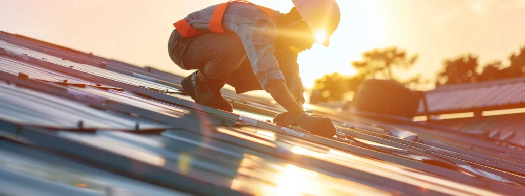 a focused close-up of a certified commercial roofer inspecting a robust roof installation under bright sunlight, showcasing professionalism and expertise in a vibrant urban setting.