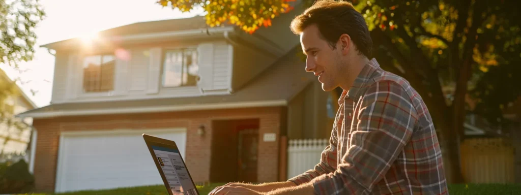 a focused scene capturing a confident homeowner examining a glowing laptop screen displaying a state license verification page, with a well-maintained roof in the background under bright, natural sunlight.