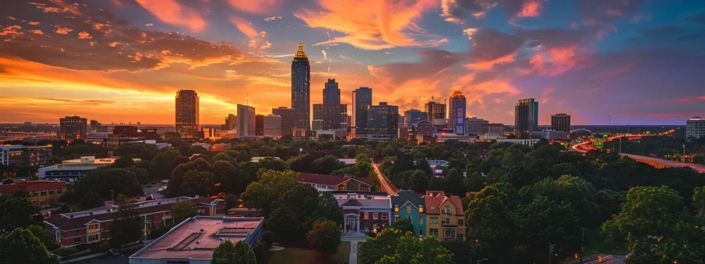 a futuristic city skyline in raleigh featuring eco-friendly rooftops and vibrant green spaces, illuminated by a golden sunset, symbolizing the evolution of roofing regulations and sustainability.