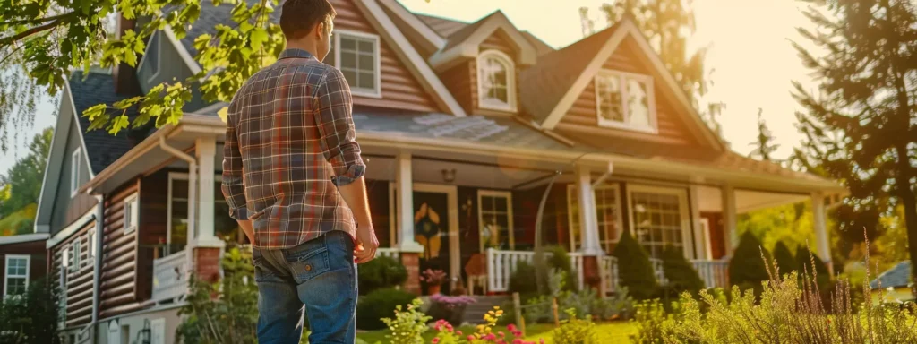 a homeowner stands confidently in front of a well-maintained house, surrounded by vibrant greenery, as they carefully review a detailed roof replacement permit application, symbolizing the journey towards a successful home renovation.