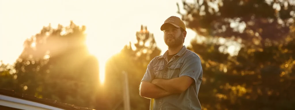 a knowledgeable homeowner stands confidently in front of a newly installed flat roof, illuminated by warm afternoon sunlight, symbolizing the successful completion of the roofing permit application process in raleigh.