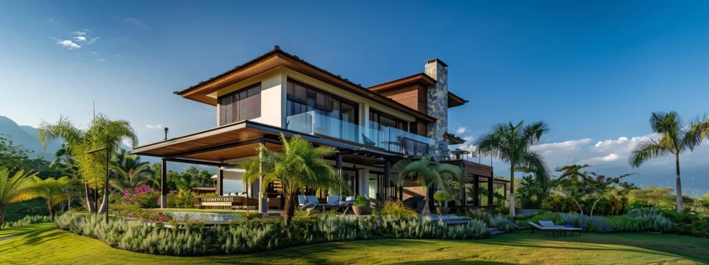 a meticulously crafted house stands prominently against a clear blue sky, showcasing its robust and eco-friendly roofing, surrounded by lush greenery that reflects a commitment to sustainability and harmony with nature.