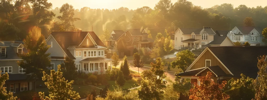 a modern residential neighborhood bathed in golden sunlight, showcasing a variety of rooftops under construction, with a focus on the diverse materials and styles reflecting the latest roofing law updates in raleigh.