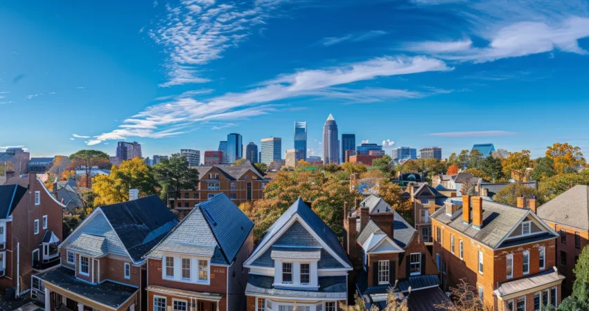 a panoramic view of a charming raleigh neighborhood showcases a variety of rooftops, emphasizing the diversity and architectural regulations that define the city's residential skyline under a bright blue sky.