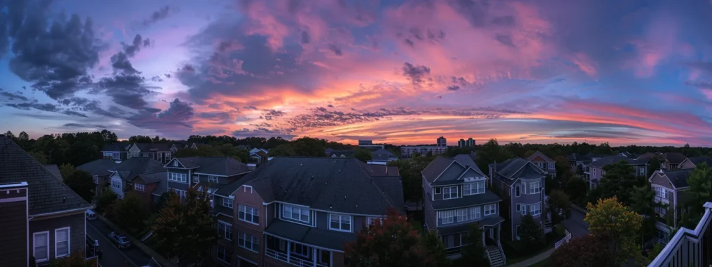 a panoramic view of a modern raleigh neighborhood showcases a row of sturdy, well-maintained rooftops under a vibrant twilight sky, highlighting the area's strict roofing regulations for durability and mold prevention against high winds and moisture.