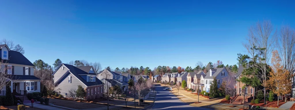 a panoramic view of a charming raleigh neighborhood showcasing pristine homes under a clear blue sky, with a prominent house displaying freshly installed roofing, symbolizing community resilience and careful planning in home renovation.