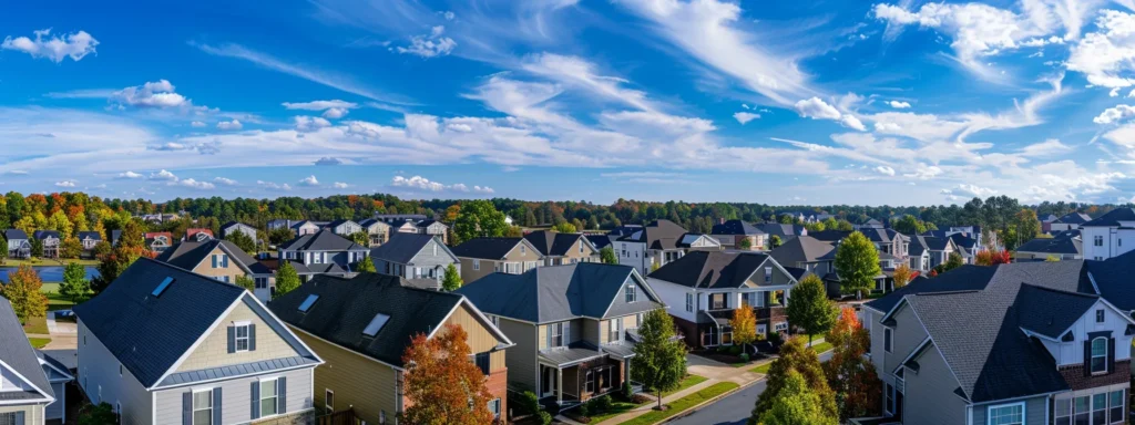 a panoramic view of a picturesque raleigh neighborhood, showcasing various homes adorned with diverse roofing materials like metal and shingles, under a vibrant blue sky, symbolizing the importance of local roofing codes and environmental considerations in enhancing home integrity.