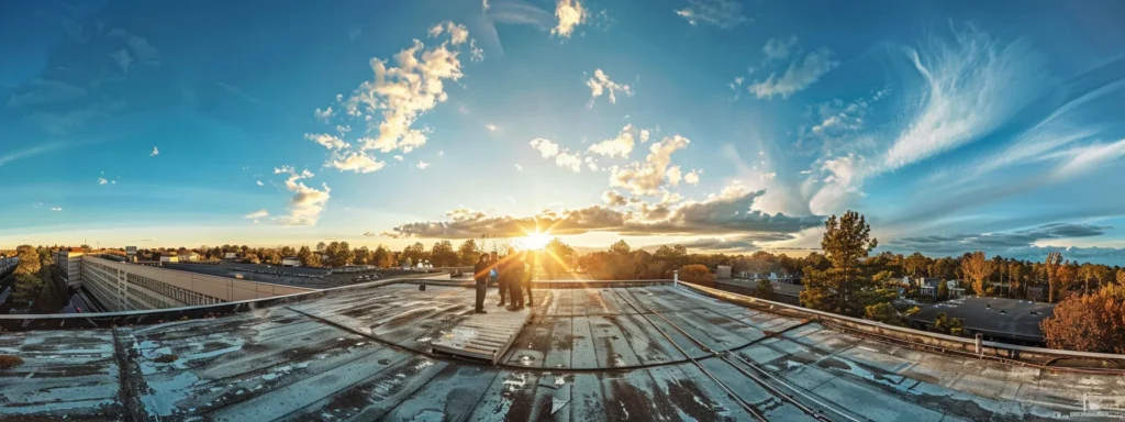 a panoramic view of a commercial rooftop in raleigh, bathed in warm afternoon sunlight, showcases a team of professionals conducting a thorough inspection, highlighting the importance of routine maintenance for enhancing property integrity and longevity.