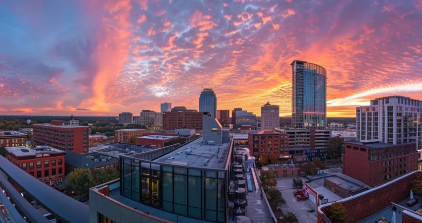 a panoramic view of a vibrant raleigh skyline at sunset, showcasing a variety of rooftops that highlight the craftsmanship and diversity of local roofing contractors.