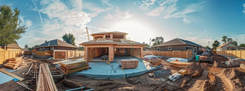 a panoramic view of a beautiful home under construction, featuring a vibrant new roof installation process in progress, showcasing various roofing materials and tools, bathed in warm sunlight illuminating the meticulous attention to detail.