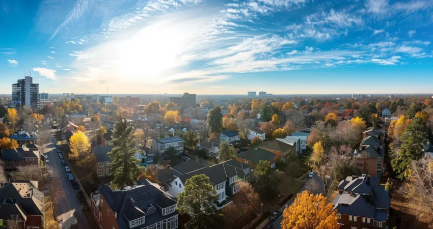 a panoramic view of a vibrant raleigh neighborhood showcases a variety of rooftops under a clear blue sky, highlighting the unique architectural styles guided by local roofing regulations.