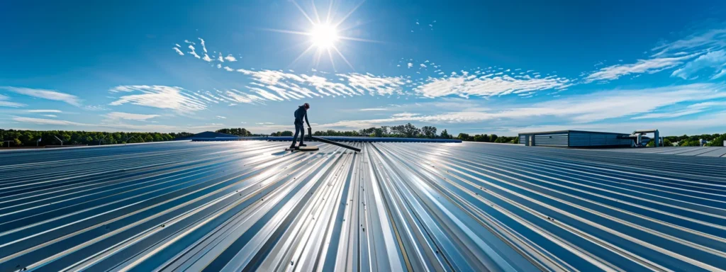 a panoramic view of a skilled roofer expertly applying gleaming metal panels to a freshly prepared roof deck under the bright sunlight, highlighting the craftsmanship and precision of the metal roofing installation process in raleigh.