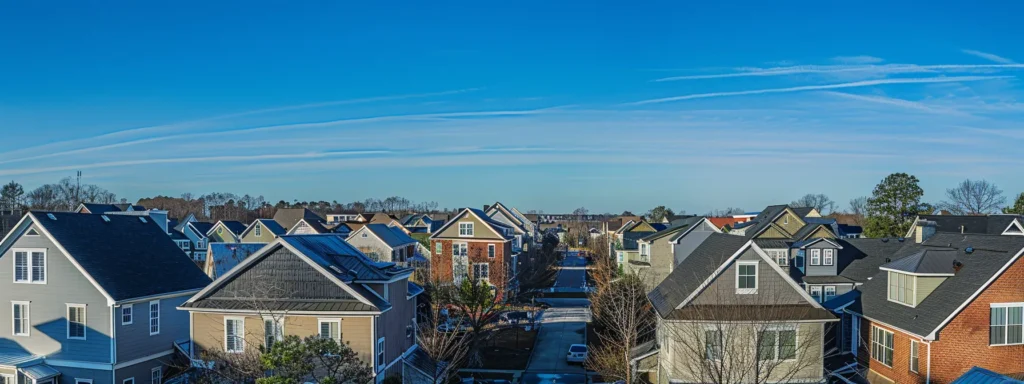 a panoramic view of a modern raleigh neighborhood, showcasing diverse rooftops under a bright blue sky, with a strong emphasis on the contrast between traditional and contemporary roofing styles, symbolizing the local regulations and resources guiding homeowners.