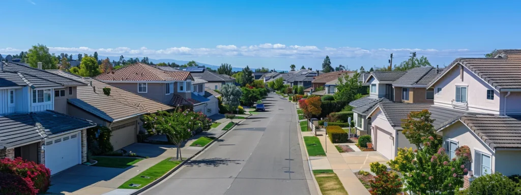 a picturesque neighborhood showcases a harmonious blend of traditional and eco-friendly homes, featuring various roofing styles that reflect sustainability and craftsmanship under a bright, clear sky.