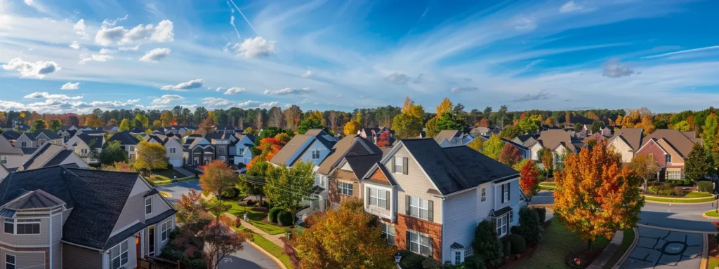 a picturesque raleigh neighborhood showcases well-maintained homes with diverse roofing styles, emphasizing community harmony and adherence to hoa regulations under a bright blue sky.