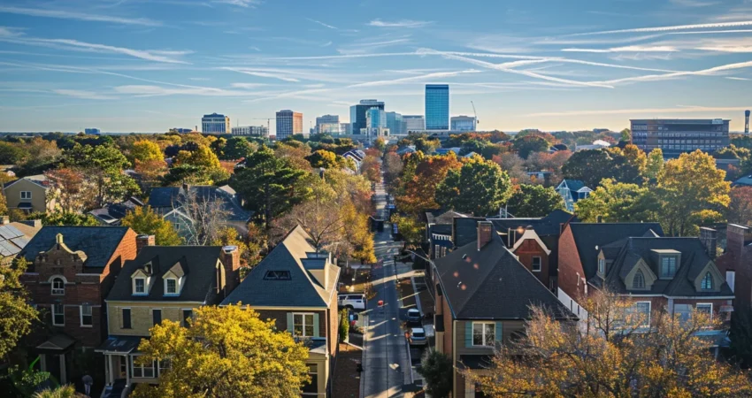 a picturesque view of a raleigh neighborhood showcasing freshly shingled rooftops, with a bright blue sky overhead and a nearby city hall, symbolizing the process of obtaining roof replacement permits.