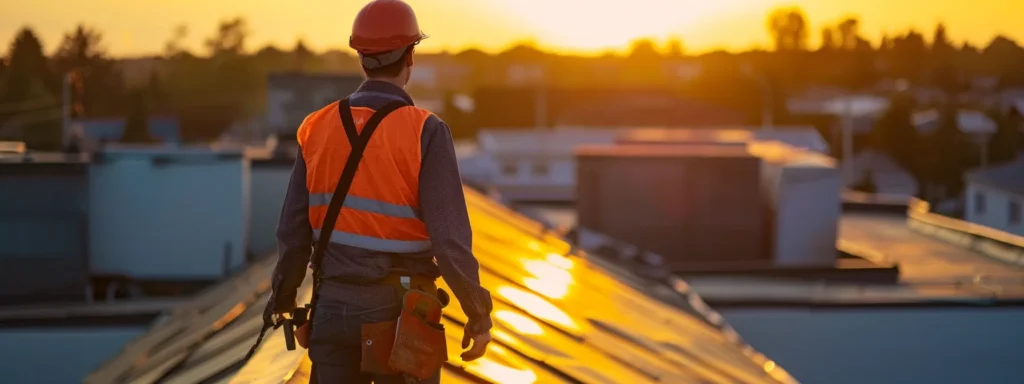 a professional roofer meticulously inspects a vibrant commercial rooftop under bright sunlight, showcasing the importance of thorough evaluation and expertise in roof repair.