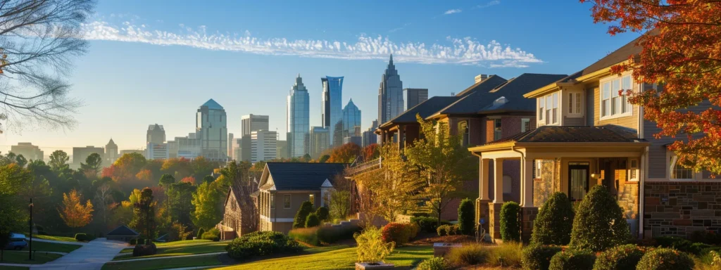 a radiant raleigh skyline serves as the backdrop for a beautifully restored home, showcasing a newly installed roof glistening in the sunlight, symbolizing the success and reliability of licensed roof repair experts through the testimonials of satisfied homeowners.