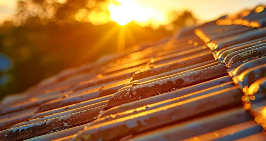 a radiant sunrise casts warm golden light over a sturdy, freshly repaired rooftop in raleigh, symbolizing the reliability and expertise of licensed roof repair professionals.