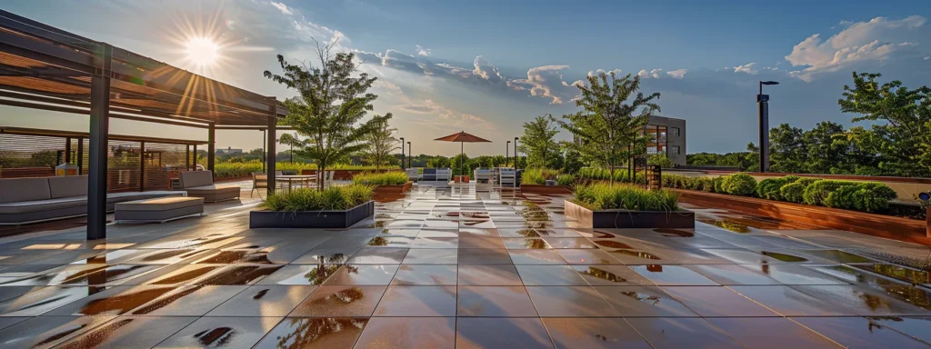 a resilient rooftop glistens under a bright north carolina sun, showcasing durable materials designed to withstand seasonal weather extremes, with a backdrop of lush greenery and an inviting blue sky.