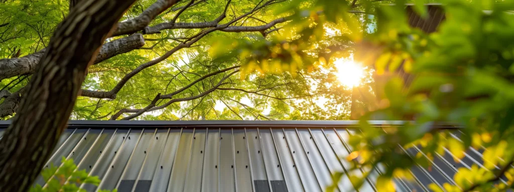 a robust, gleaming metal roof shines under the bright raleigh sun, framed by lush greenery, symbolizing eco-friendliness, durability, and modern elegance in residential architecture.