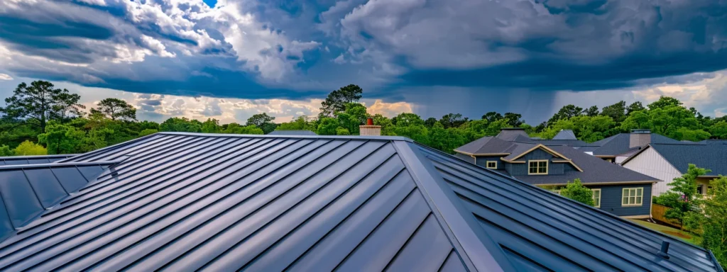 a robust, recently installed metal roof gleams in the sunlight against a backdrop of storm clouds gathering over a suburban raleigh neighborhood, symbolizing resilience and long-term investment in quality craftsmanship.