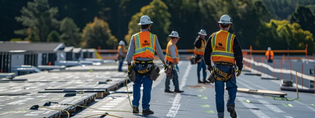 a safety-conscious roofing crew diligently installs fall arrest systems on a vibrant raleigh rooftop under the bright afternoon sun, emphasizing the importance of occupational safety in construction.