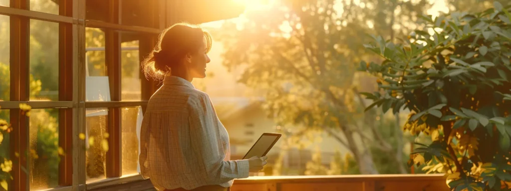 a serene homeowner stands confidently on a sunlit porch, overlooking a meticulous roof installation with vibrant shingles, as they review glowing feedback on a tablet, symbolizing trust and quality in home improvement.