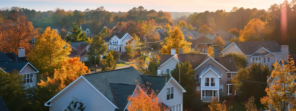 a serene raleigh neighborhood showcases charming homes with newly restored roofs glistening under warm sunlight, symbolizing hope and community support for homeowners seeking financial assistance.