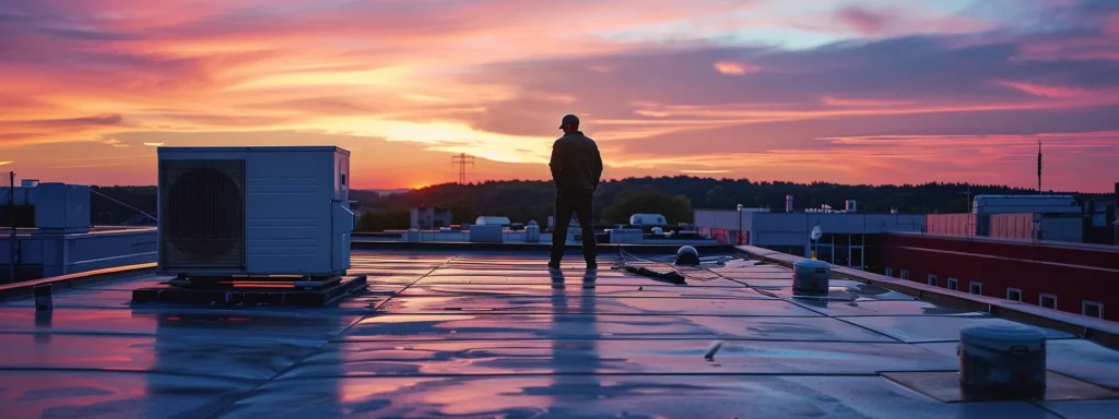 a serene rooftop at sunset, showcasing a skilled professional inspecting a leak repair with high-quality materials, evoking a sense of trust and assurance in home maintenance.