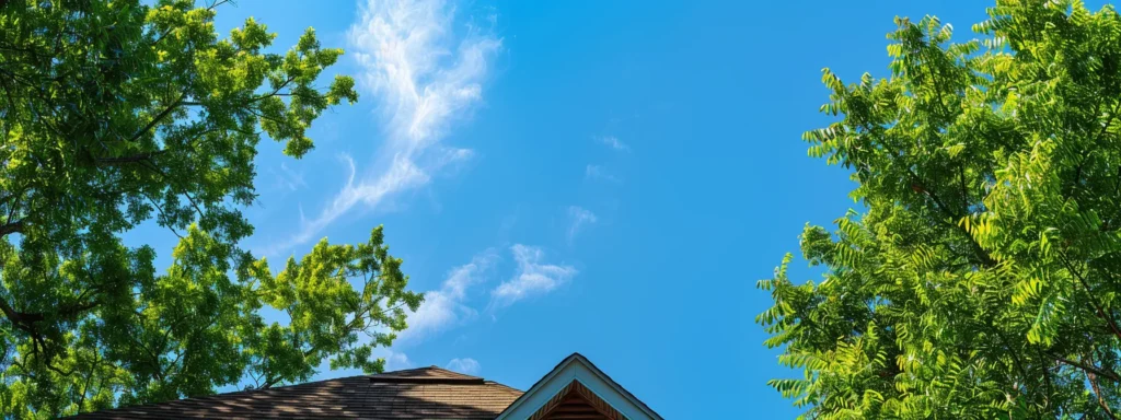 a serene rooftop view in raleigh showcases a well-maintained home, with a clear blue sky and vibrant greenery, symbolizing the empowerment of homeowners understanding their rights and navigating roof repairs confidently.