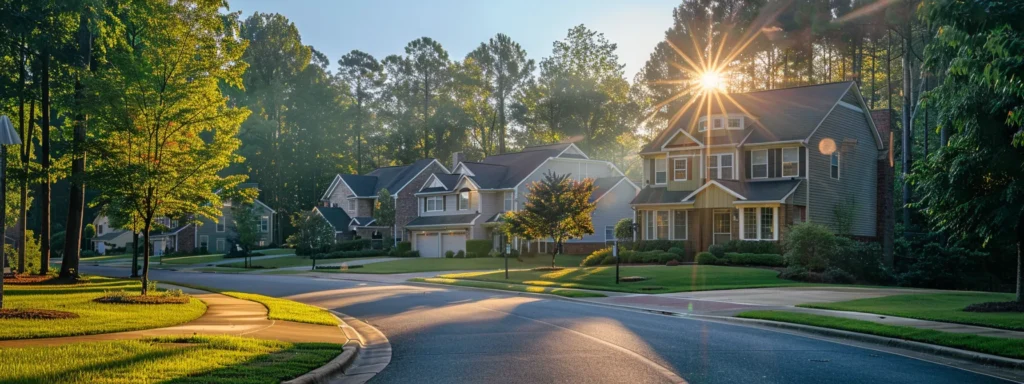 a serene suburban landscape in raleigh showcases a well-maintained home with a freshly repaired roof glistening under warm afternoon sunlight, symbolizing peace of mind and investment security for homeowners.